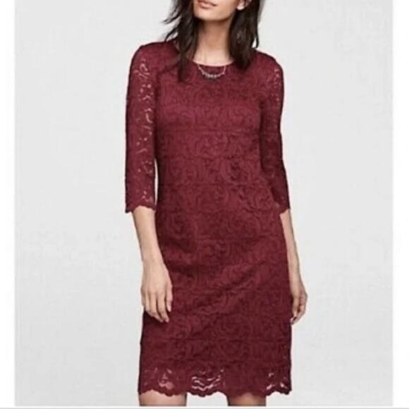 Garnet Hill Burgundy Lace Long Sleeve Sheath Dress Size 12 - Picture 1 of 7